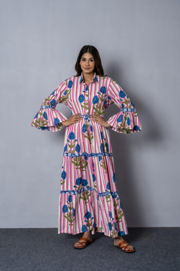 AM1 2756 Pink and Blue Floral Stripe Dress