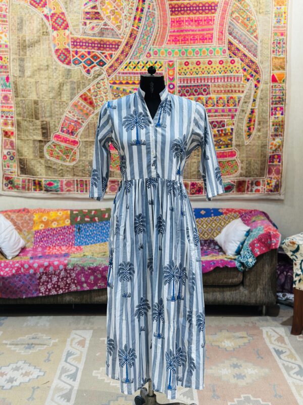 Palm Breeze Hand Block Cotton Midi Dress