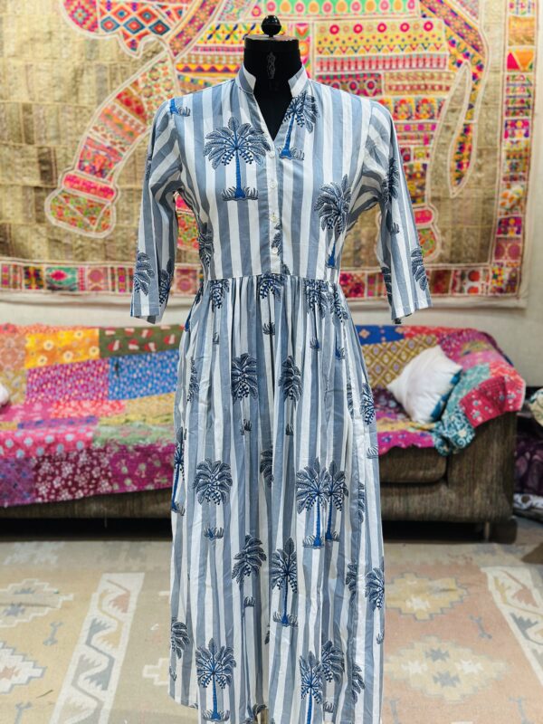 Palm Breeze Hand Block Cotton Midi Dress