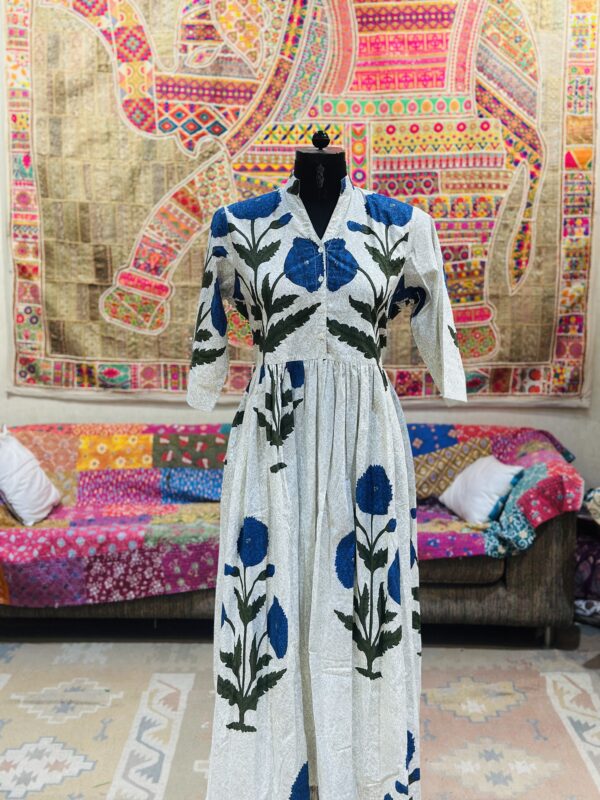 Indigo Petals Hand Block Cotton Dress