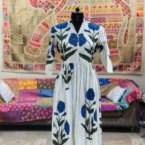 Indigo Petals Hand Block Cotton Dress